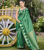 Women emerald green silk blend banarasi jacquard woven saree with blouse