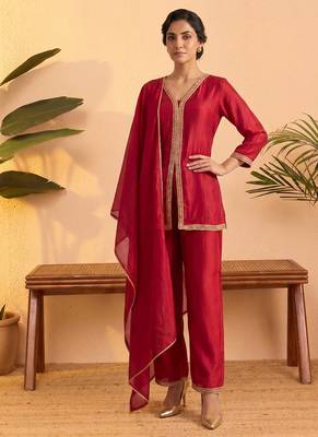 Vichitra silk embroidery & sequins work fancy kurta palazzo dupatta set for women  1