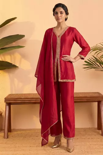 vichitra silk embroidery & sequins work fancy kurta palazzo dupatta set for women 