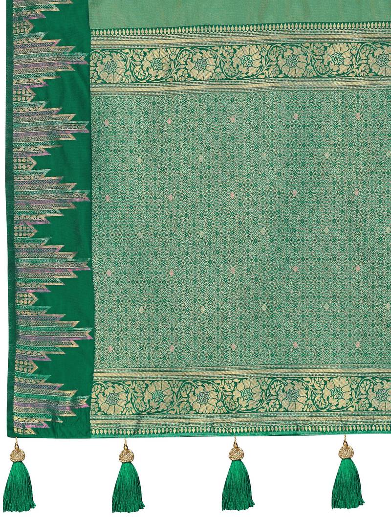 Women emerald green silk blend banarasi jacquard woven saree with blouse