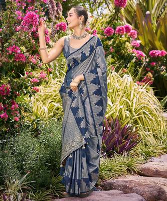 Women steel grey silk blend banarasi jacquard woven saree with blouse 1