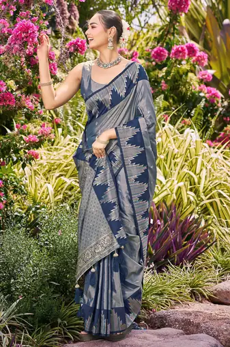Women steel grey silk blend banarasi jacquard woven saree with blouse