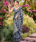 Women steel grey silk blend banarasi jacquard woven saree with blouse