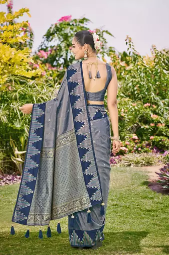 Women steel grey silk blend banarasi jacquard woven saree with blouse