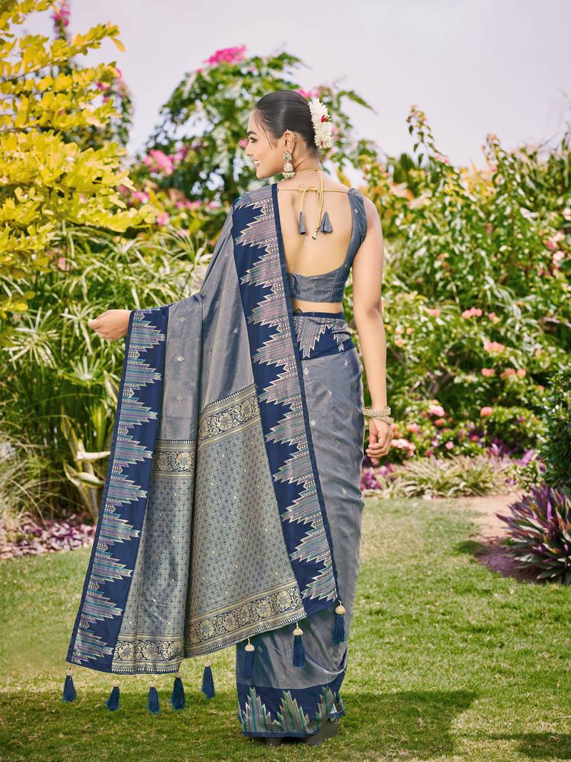 Women steel grey silk blend banarasi jacquard woven saree with blouse