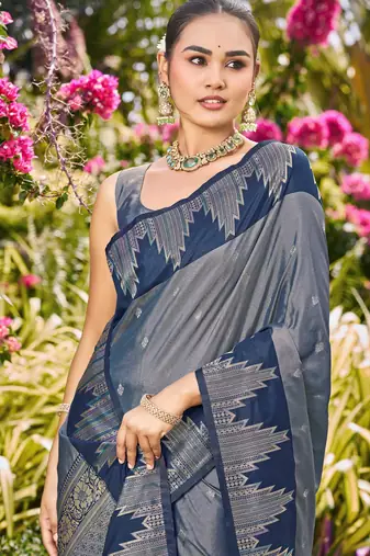 Women steel grey silk blend banarasi jacquard woven saree with blouse