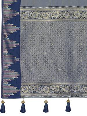 Women steel grey silk blend banarasi jacquard woven saree with blouse 5