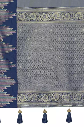 Women steel grey silk blend banarasi jacquard woven saree with blouse
