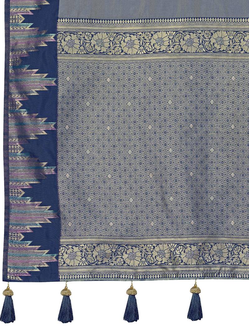 Women steel grey silk blend banarasi jacquard woven saree with blouse