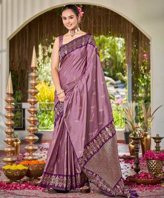 Women dusty mauve silk blend banarasi jacquard woven saree with blouse 1