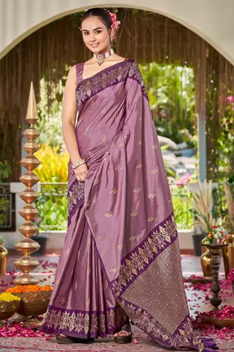 Women dusty mauve silk blend banarasi jacquard woven saree with blouse
