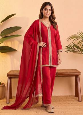Vichitra silk embroidery & sequins work fancy kurta palazzo dupatta set for women  2
