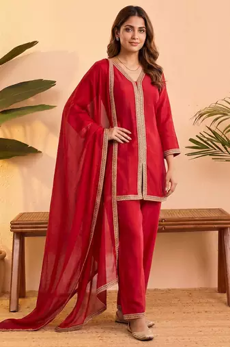 vichitra silk embroidery & sequins work fancy kurta palazzo dupatta set for women 