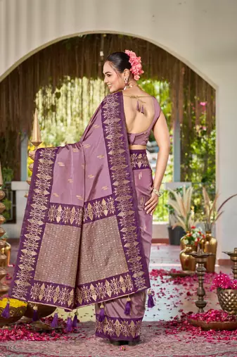 Women dusty mauve silk blend banarasi jacquard woven saree with blouse