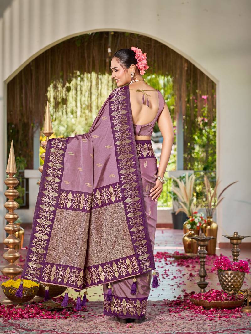 Women dusty mauve silk blend banarasi jacquard woven saree with blouse