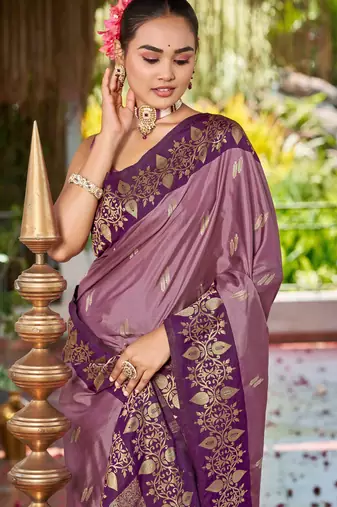 Women dusty mauve silk blend banarasi jacquard woven saree with blouse