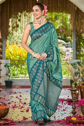 Women sea green silk blend banarasi jacquard woven saree with blouse