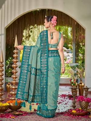 Women sea green silk blend banarasi jacquard woven saree with blouse 2