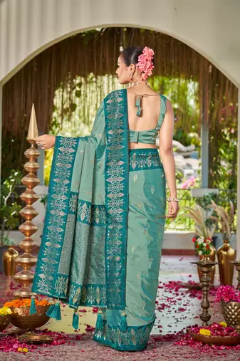 Women sea green silk blend banarasi jacquard woven saree with blouse