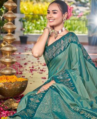 Women sea green silk blend banarasi jacquard woven saree with blouse 3