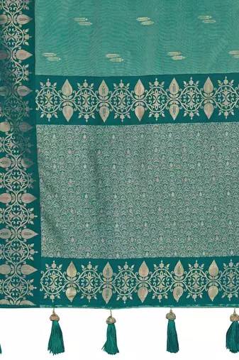 Women sea green silk blend banarasi jacquard woven saree with blouse