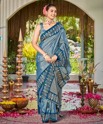 Women teal blue silk blend banarasi jacquard woven saree with blouse 1