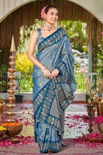 Women teal blue silk blend banarasi jacquard woven saree with blouse