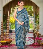Women teal blue silk blend banarasi jacquard woven saree with blouse
