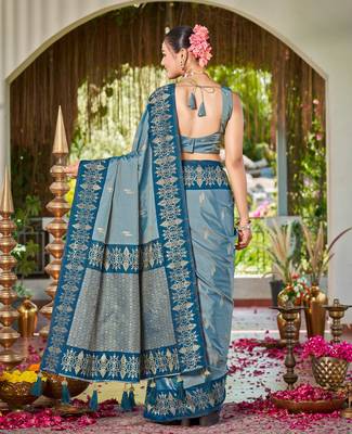 Women teal blue silk blend banarasi jacquard woven saree with blouse 2