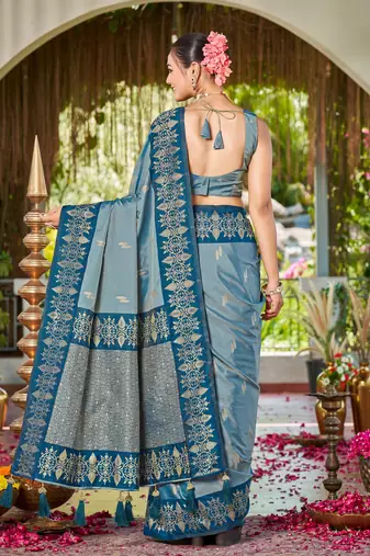 Women teal blue silk blend banarasi jacquard woven saree with blouse