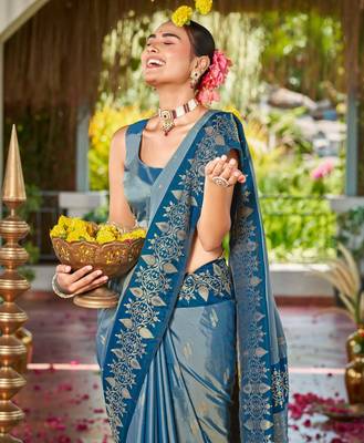 Women teal blue silk blend banarasi jacquard woven saree with blouse 3