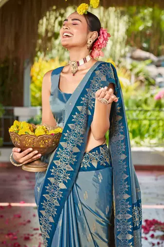 Women teal blue silk blend banarasi jacquard woven saree with blouse