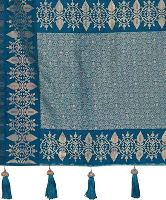 Women teal blue silk blend banarasi jacquard woven saree with blouse 5