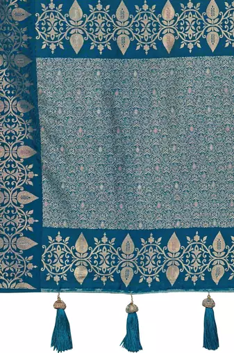 Women teal blue silk blend banarasi jacquard woven saree with blouse