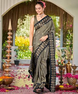 Women olive grey silk blend banarasi jacquard woven saree with blouse 1
