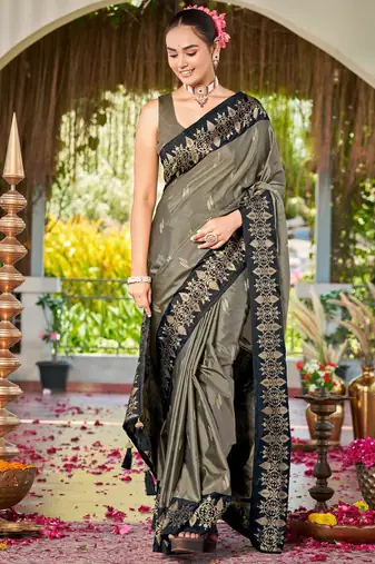 Women olive grey silk blend banarasi jacquard woven saree with blouse