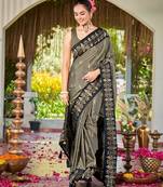 Women olive grey silk blend banarasi jacquard woven saree with blouse