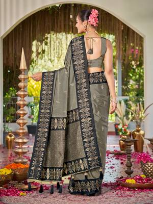 Women olive grey silk blend banarasi jacquard woven saree with blouse 2