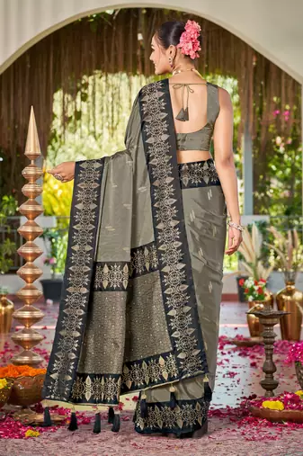 Women olive grey silk blend banarasi jacquard woven saree with blouse