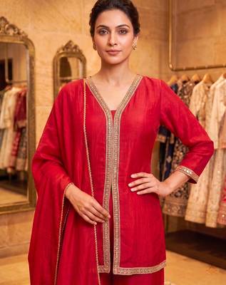 Vichitra silk embroidery & sequins work fancy kurta palazzo dupatta set for women  4
