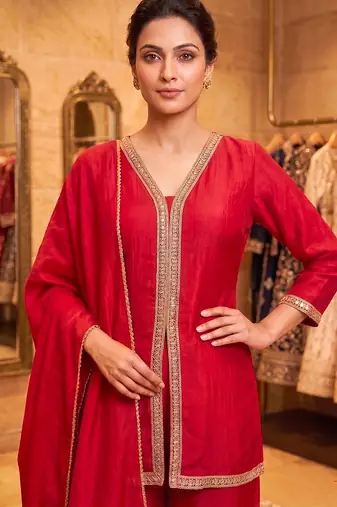 vichitra silk embroidery & sequins work fancy kurta palazzo dupatta set for women 