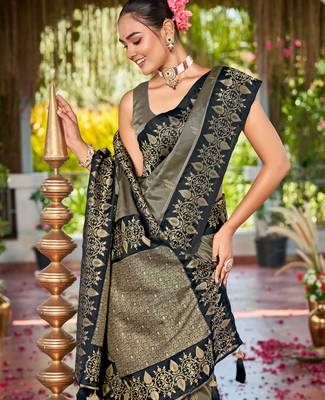Women olive grey silk blend banarasi jacquard woven saree with blouse 3
