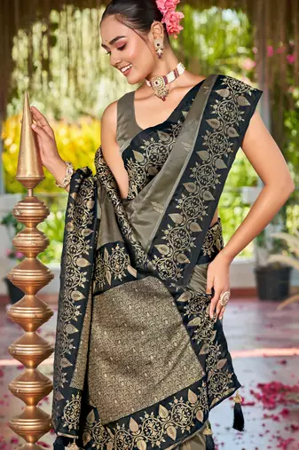Women olive grey silk blend banarasi jacquard woven saree with blouse