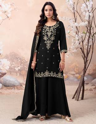 Vichitra silk embroidery & sequins work fancy kurta palazzo dupatta set for women  1