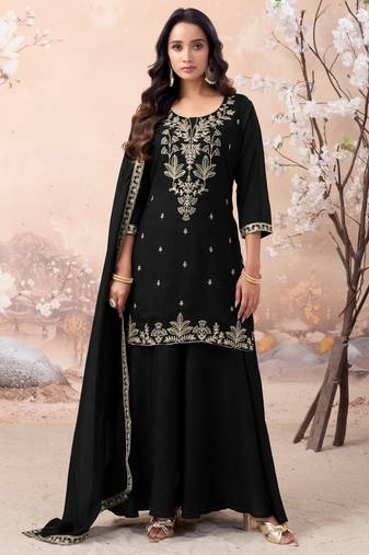 vichitra silk embroidery & sequins work fancy kurta palazzo dupatta set for women 