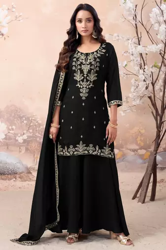 vichitra silk embroidery & sequins work fancy kurta palazzo dupatta set for women 