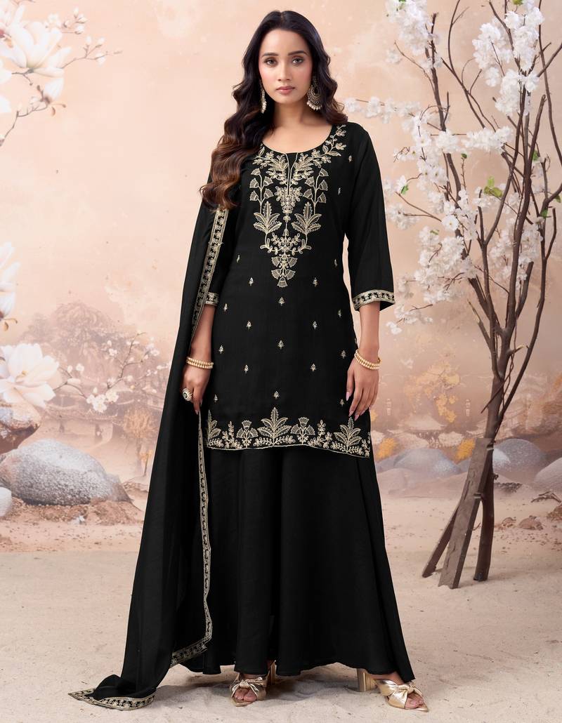 Vichitra silk embroidery & sequins work fancy kurta palazzo dupatta set for women 
