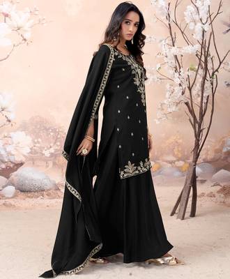 Vichitra silk embroidery & sequins work fancy kurta palazzo dupatta set for women  2