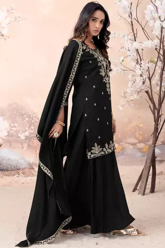 vichitra silk embroidery & sequins work fancy kurta palazzo dupatta set for women 