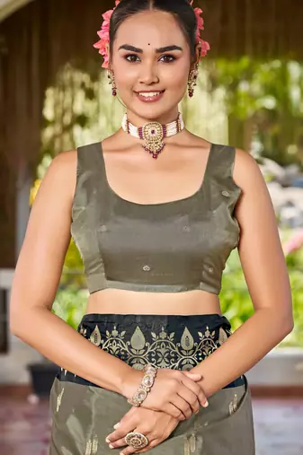 Women olive grey silk blend banarasi jacquard woven saree with blouse